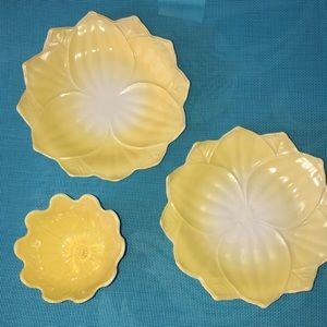 Vintage yellow milk glass Lotis plates and bowl
